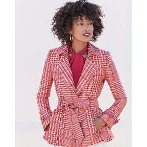 NWT WHBM Pink Houndstooth Satin Belted Trench Coat Size M